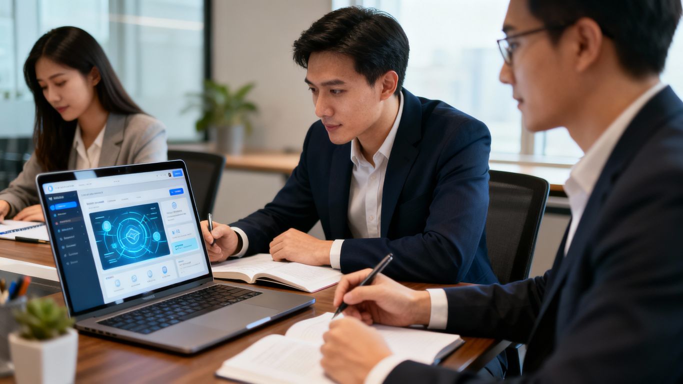 B2B professionals learning online for lead generation.