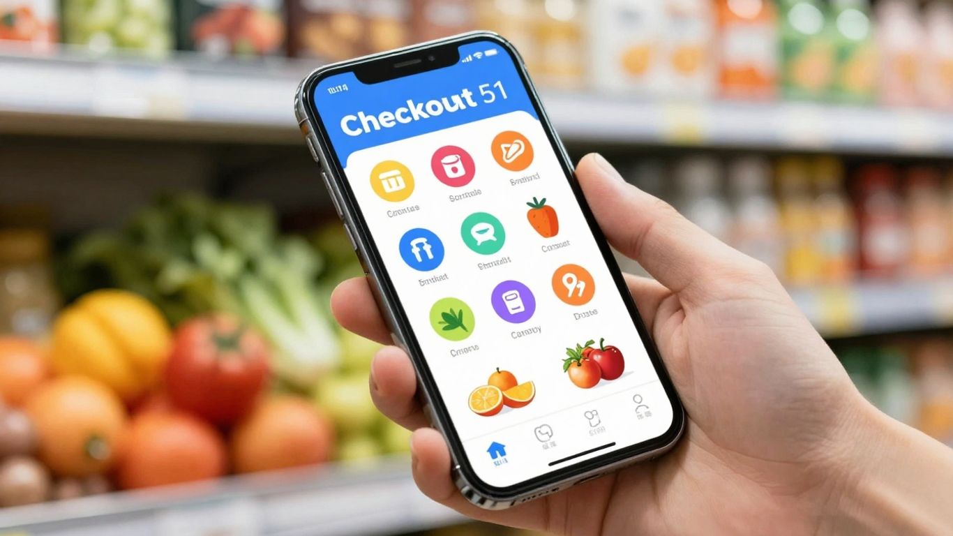 Checkout 51 app on a smartphone with groceries.