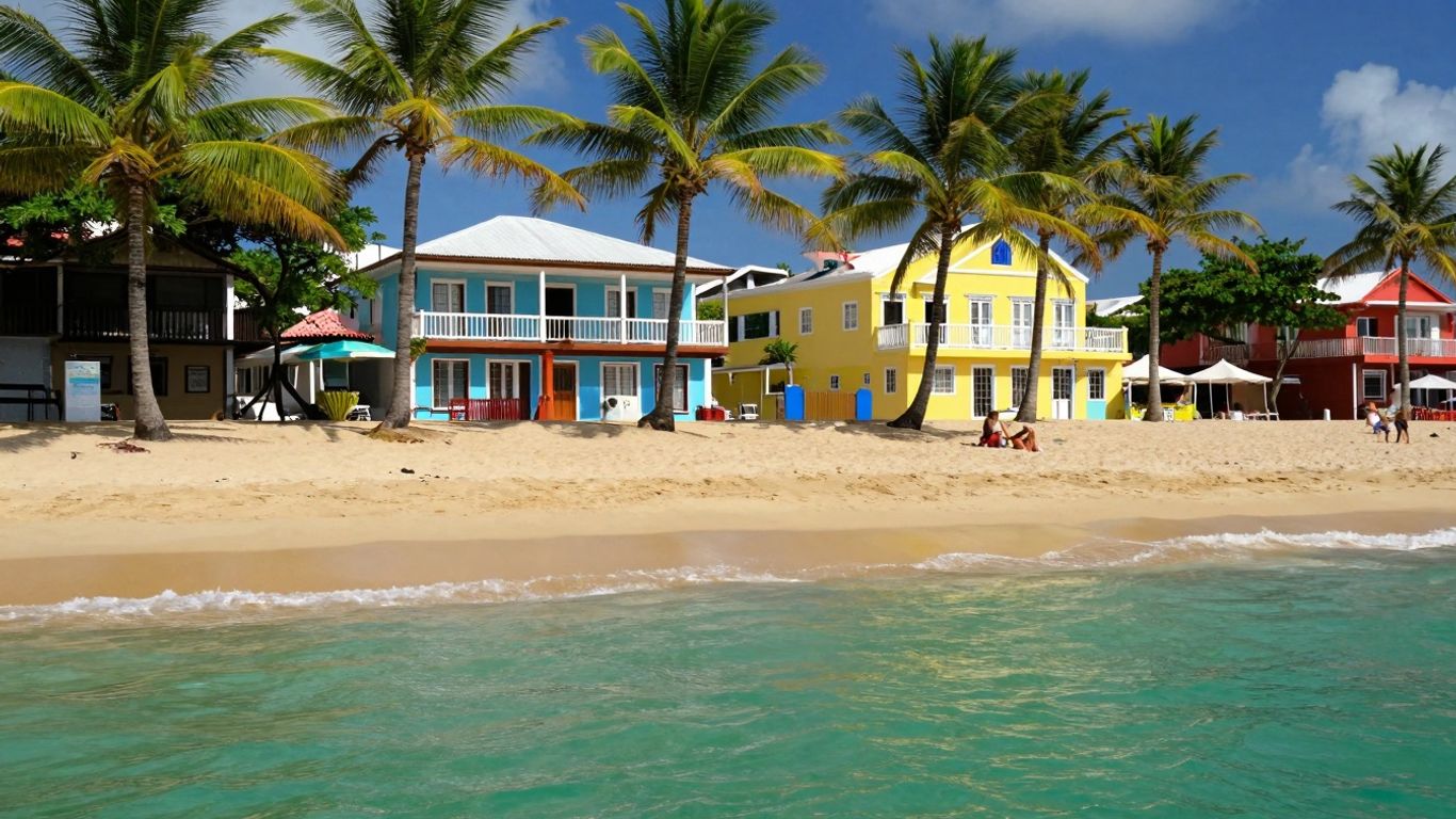 Puerto Rico beach with palm trees and colorful buildings.