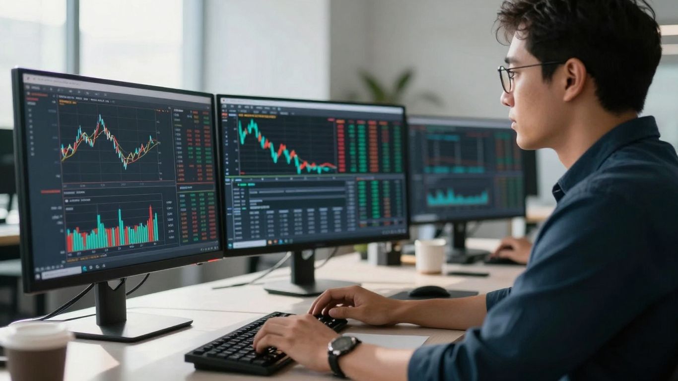 Trader focused on stock market data on multiple screens.