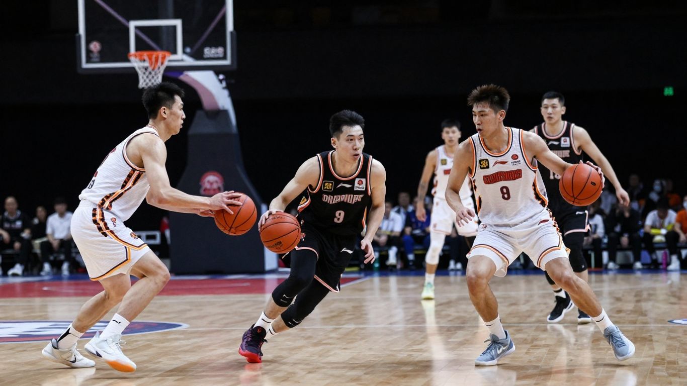 Jucători de baschet în acțiune pe teren.