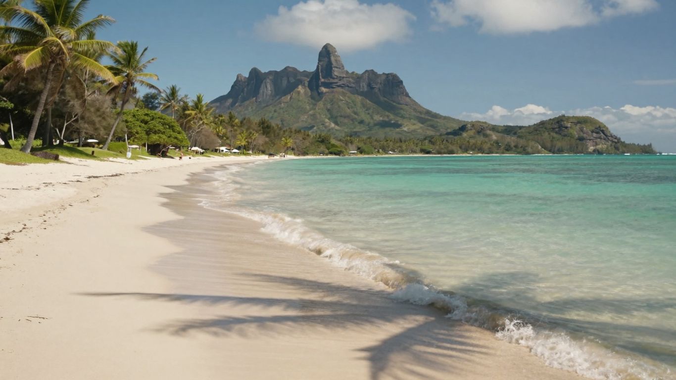 Queensland coast with turquoise water and palm trees.