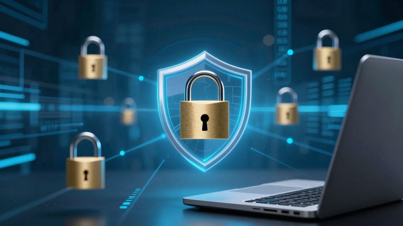 Secure VPN connection with digital shields and padlocks.