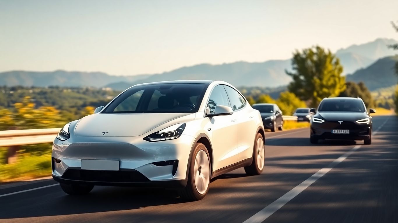 Tesla Model Y driving on a European road.