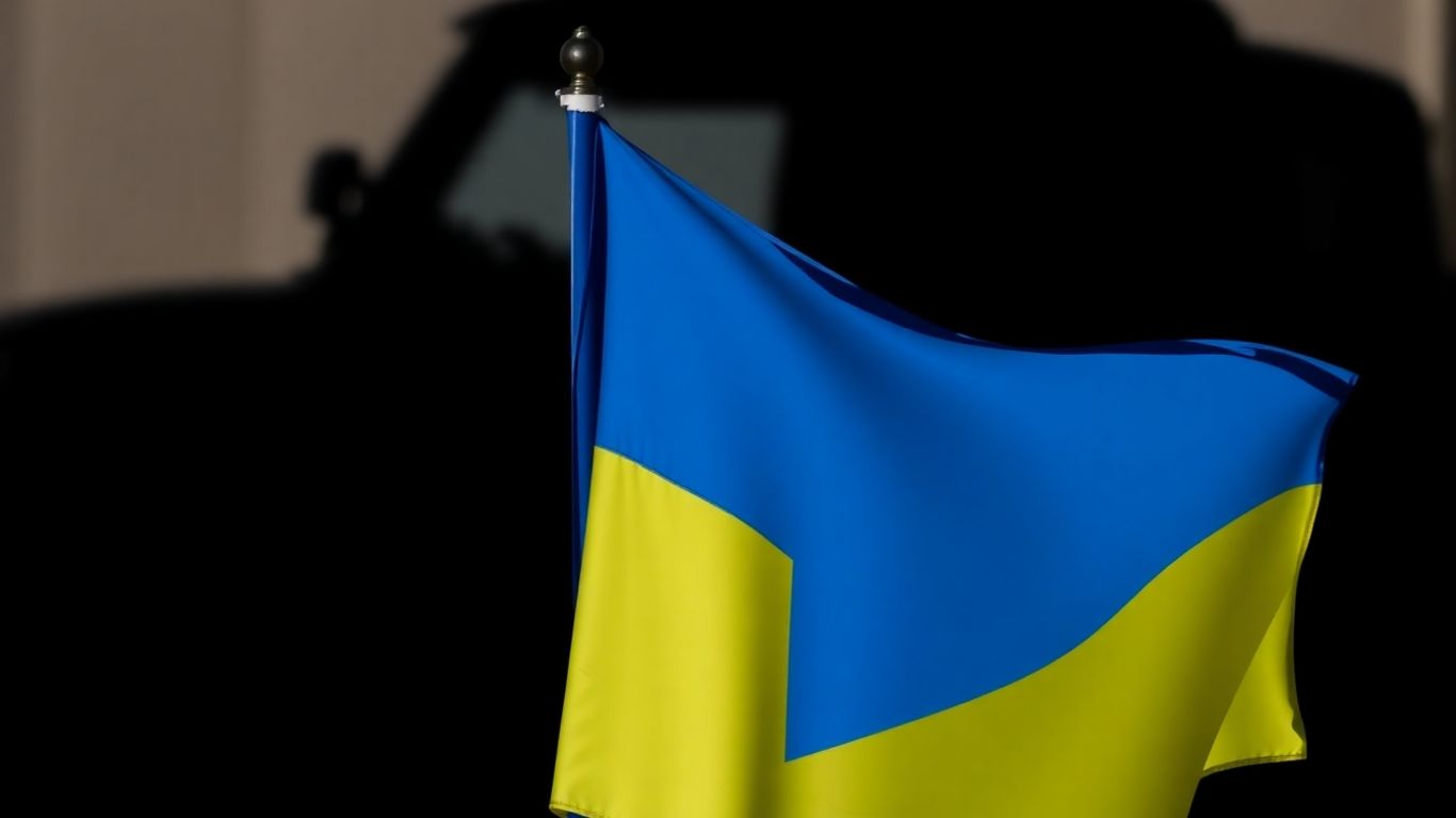 French and Ukrainian flags with Russian asset silhouette.
