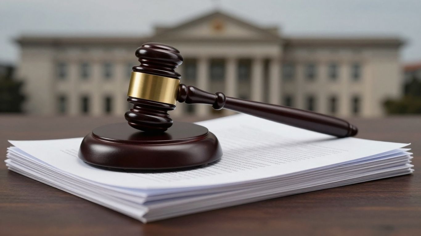 Gavel on documents, government building background