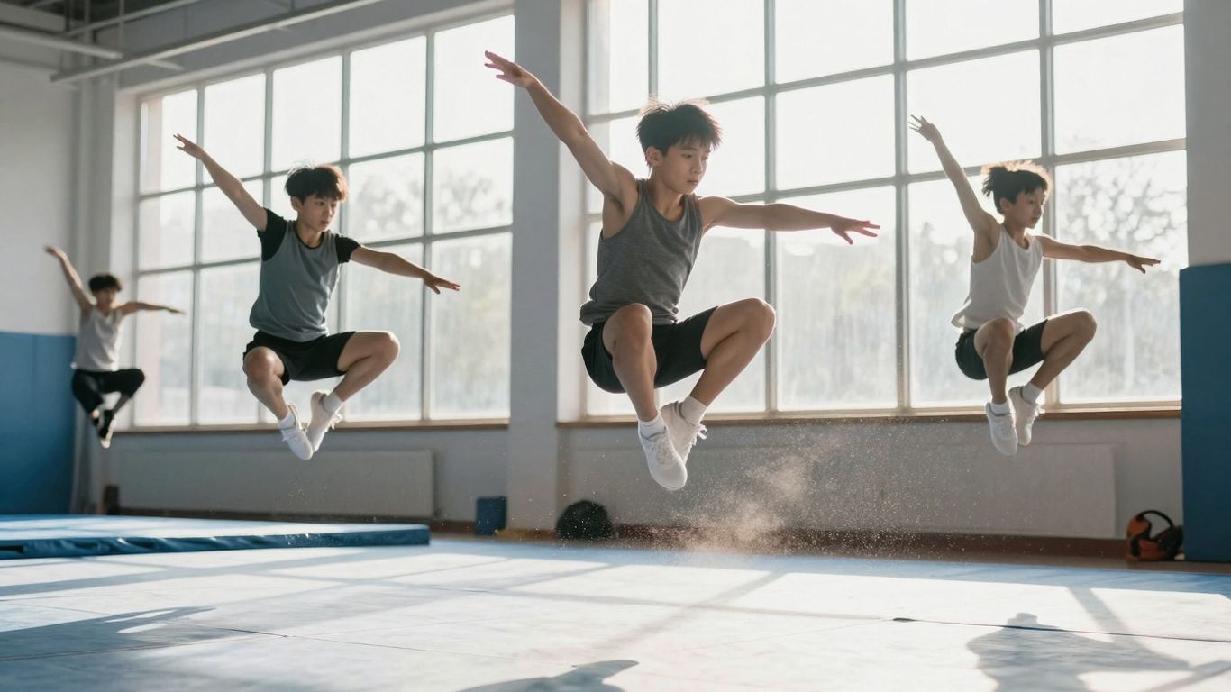 Athletes performing advanced gymnastics and acrobatics in a bright training facility.