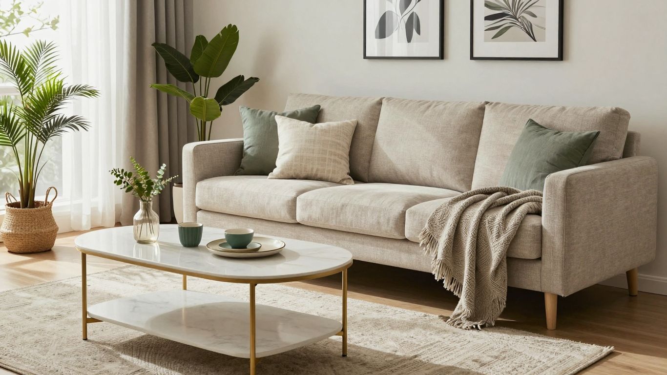 Stylish Airbnb living room with modern furniture.