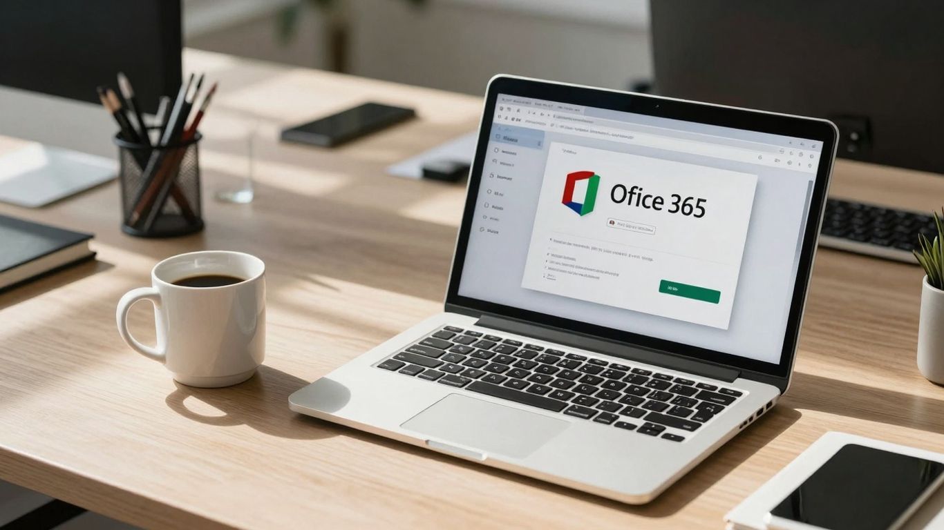 Escritorio de oficina con laptop mostrando Office 365.