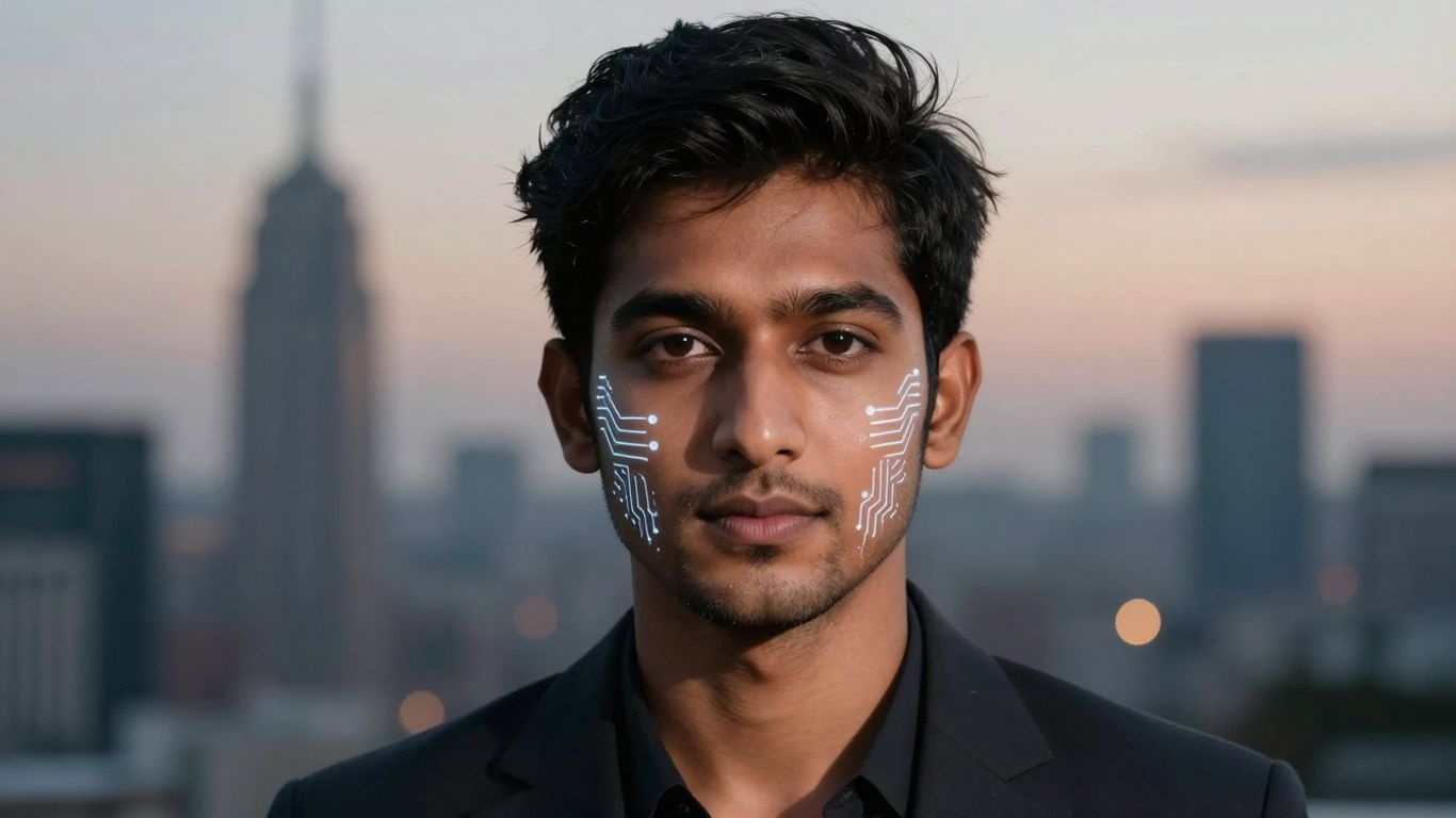 AI influencer portrait with digital circuit patterns and cityscape.