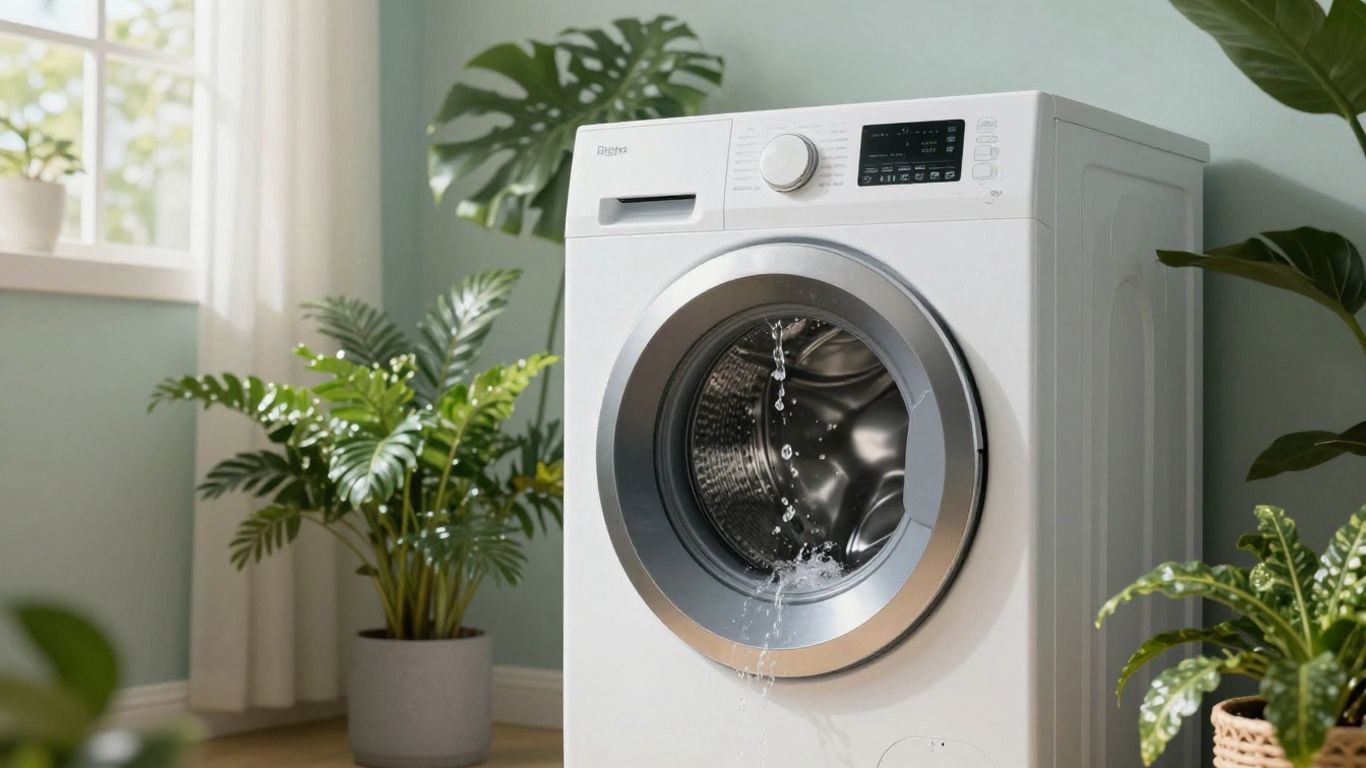 Washing machine with water and plants, smart laundry habits.