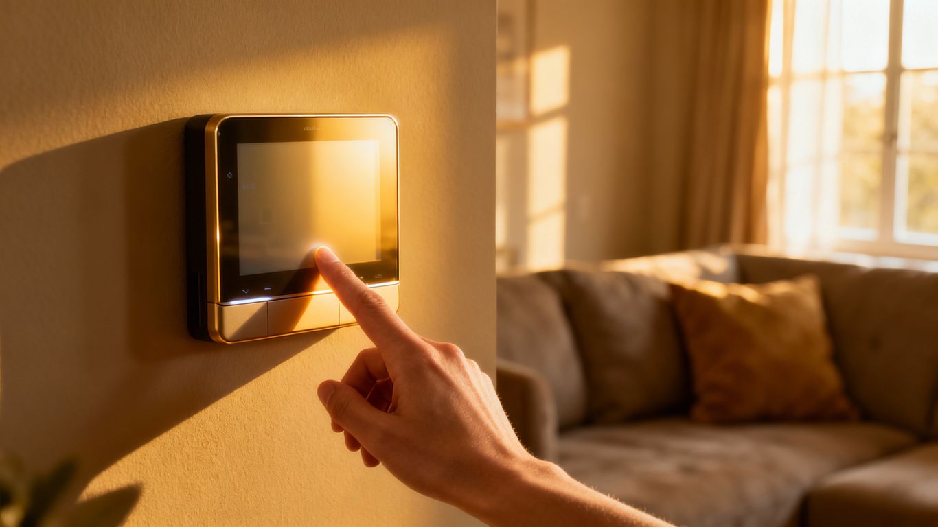 Programmable thermostat on a wall in a home.