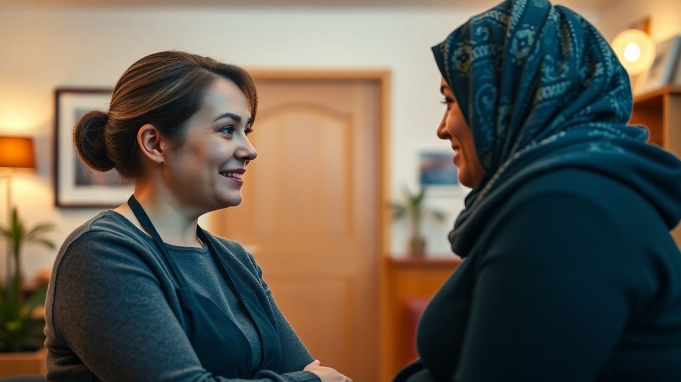 Hostel staff member offering support to a resident.
