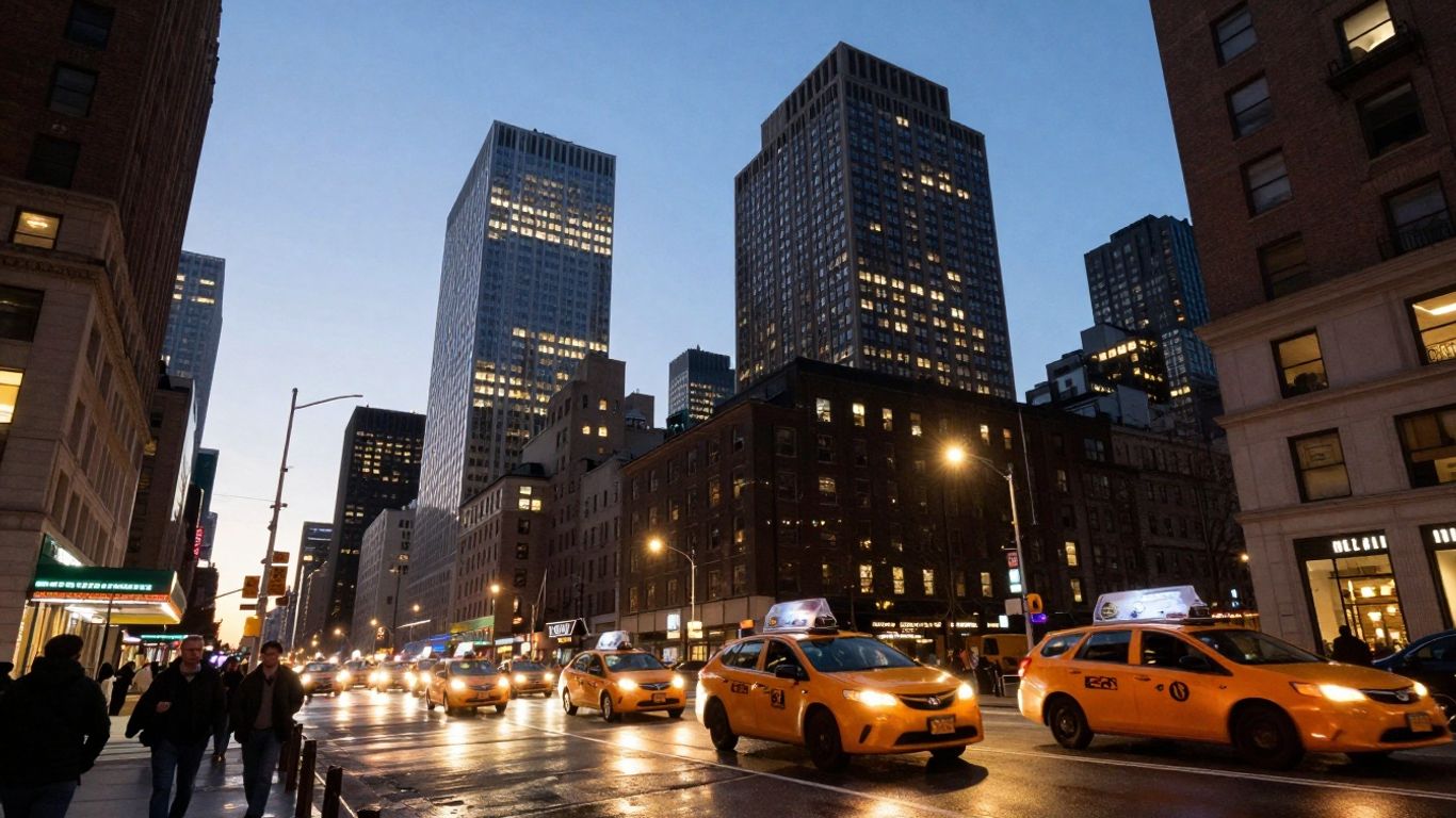 New York City skyline at dusk with illuminated skyscrapers and yellow taxis.