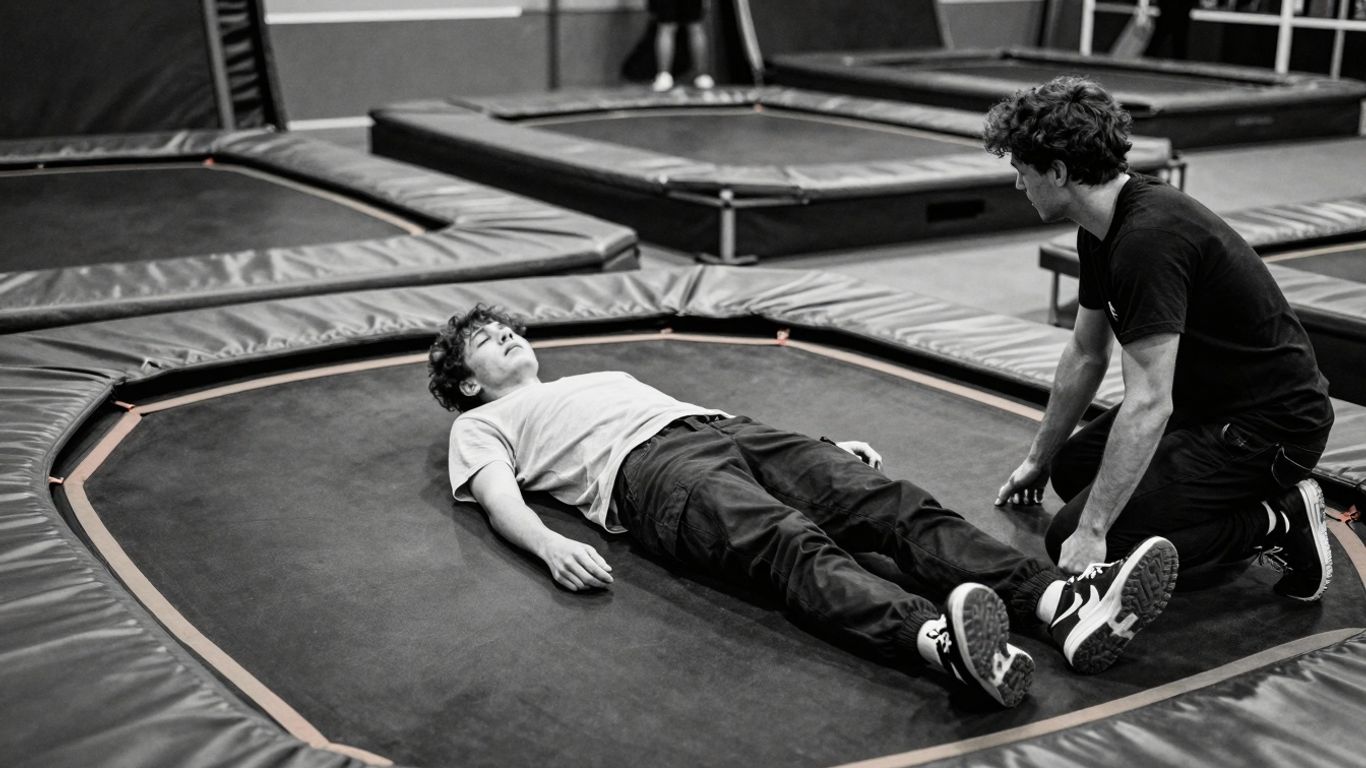 Person dazed on ground after jump park injury.