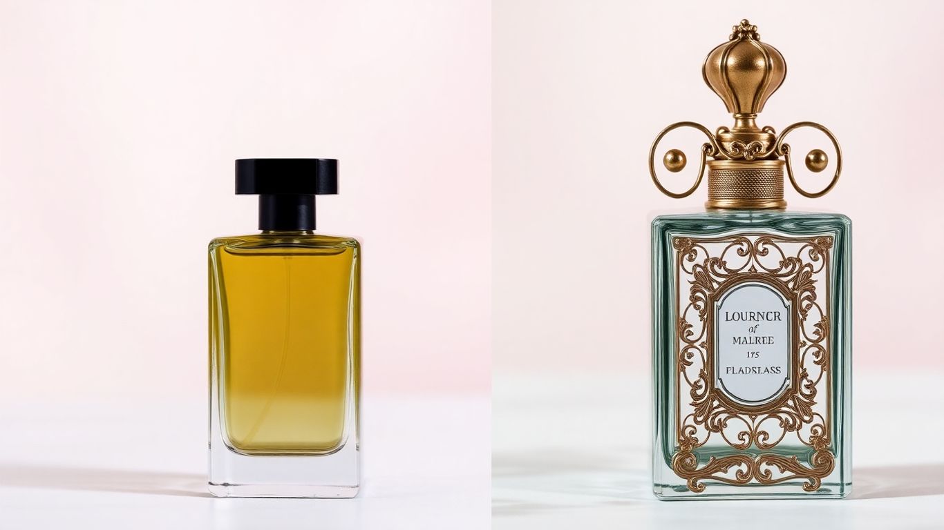 Designer versus niche perfume bottles side-by-side.