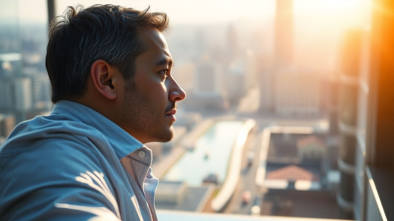 Trader looking at city, calm and focused.