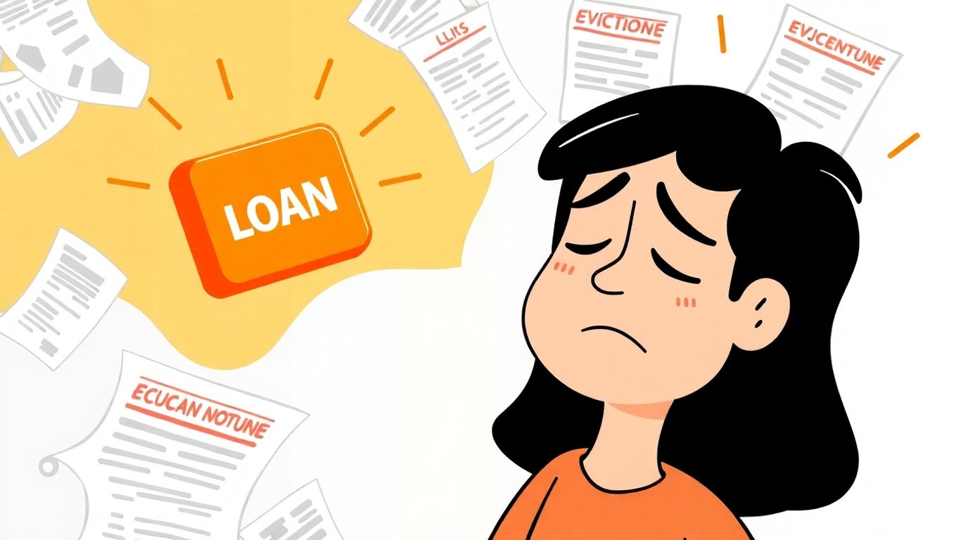 Cartoon of person stressed by bills, offered rent loan.