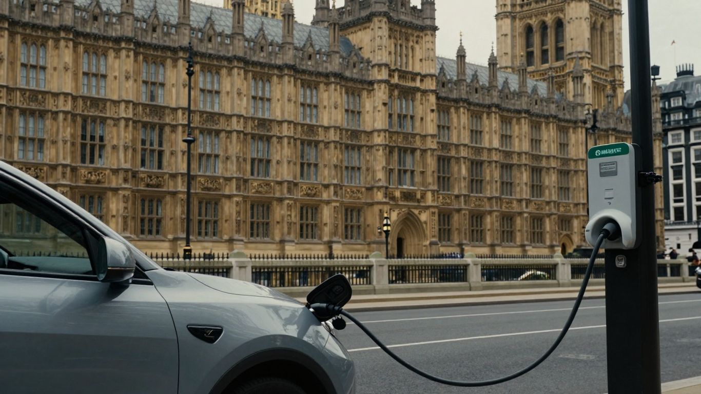 UK Parliament building with an electric car charging.