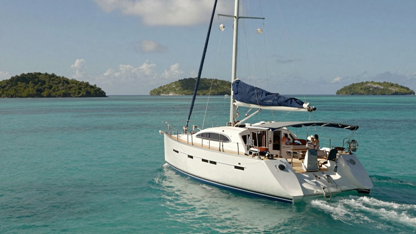 Luxury sailboat on turquoise water near tropical islands.