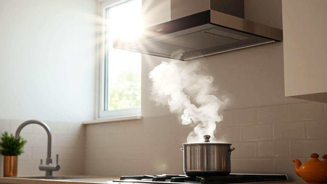 Cuisine moderne avec hotte aspirante capturant la vapeur.