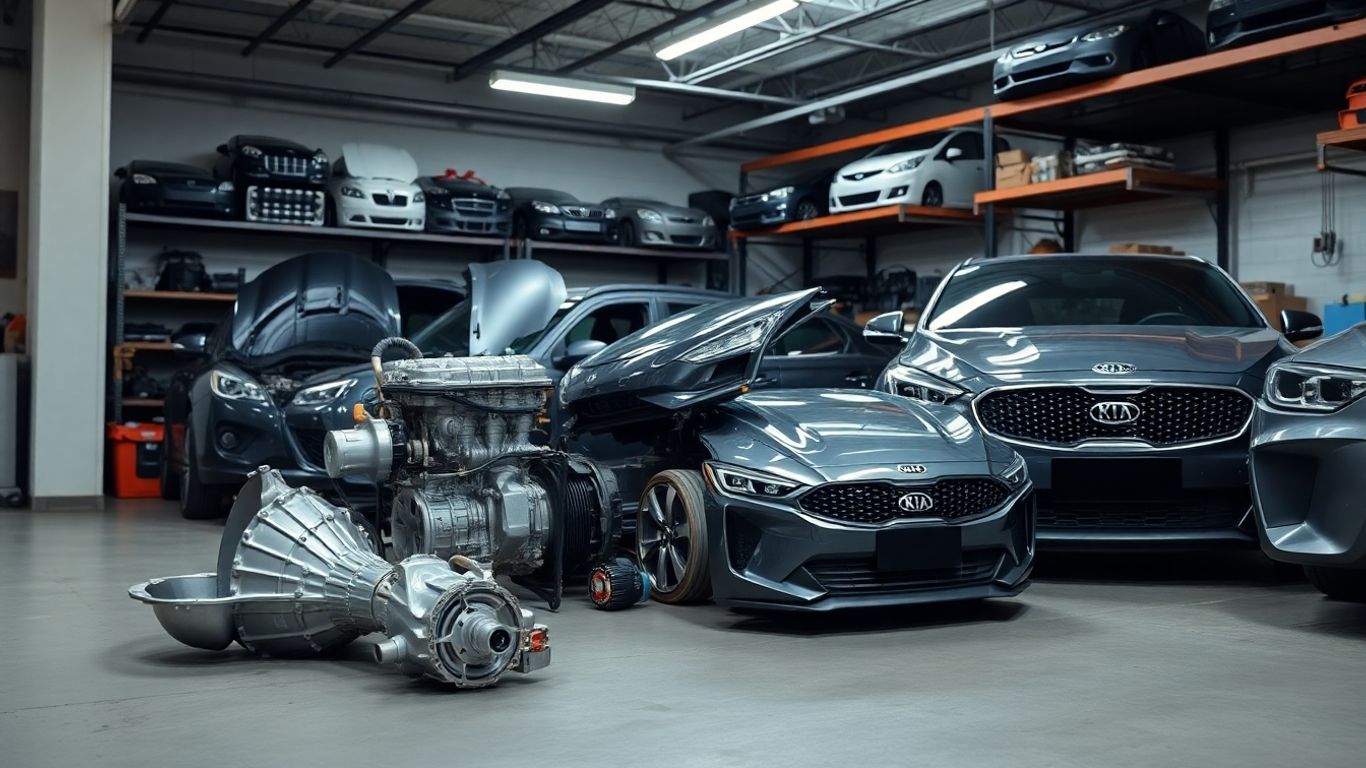 Assortment of clean, metallic Kia car parts in a garage.