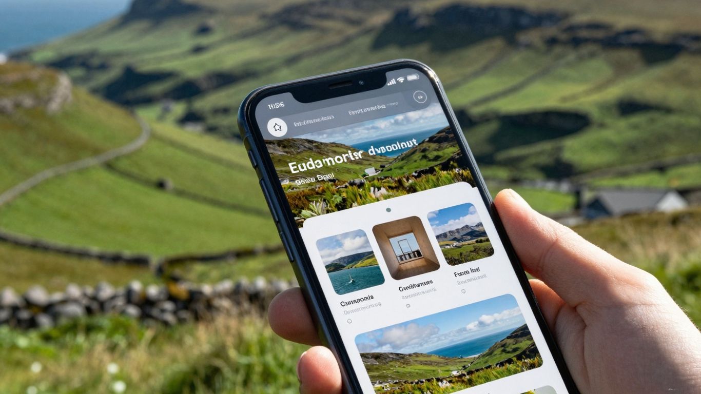 Smartphone displaying a website with Irish landscape background.