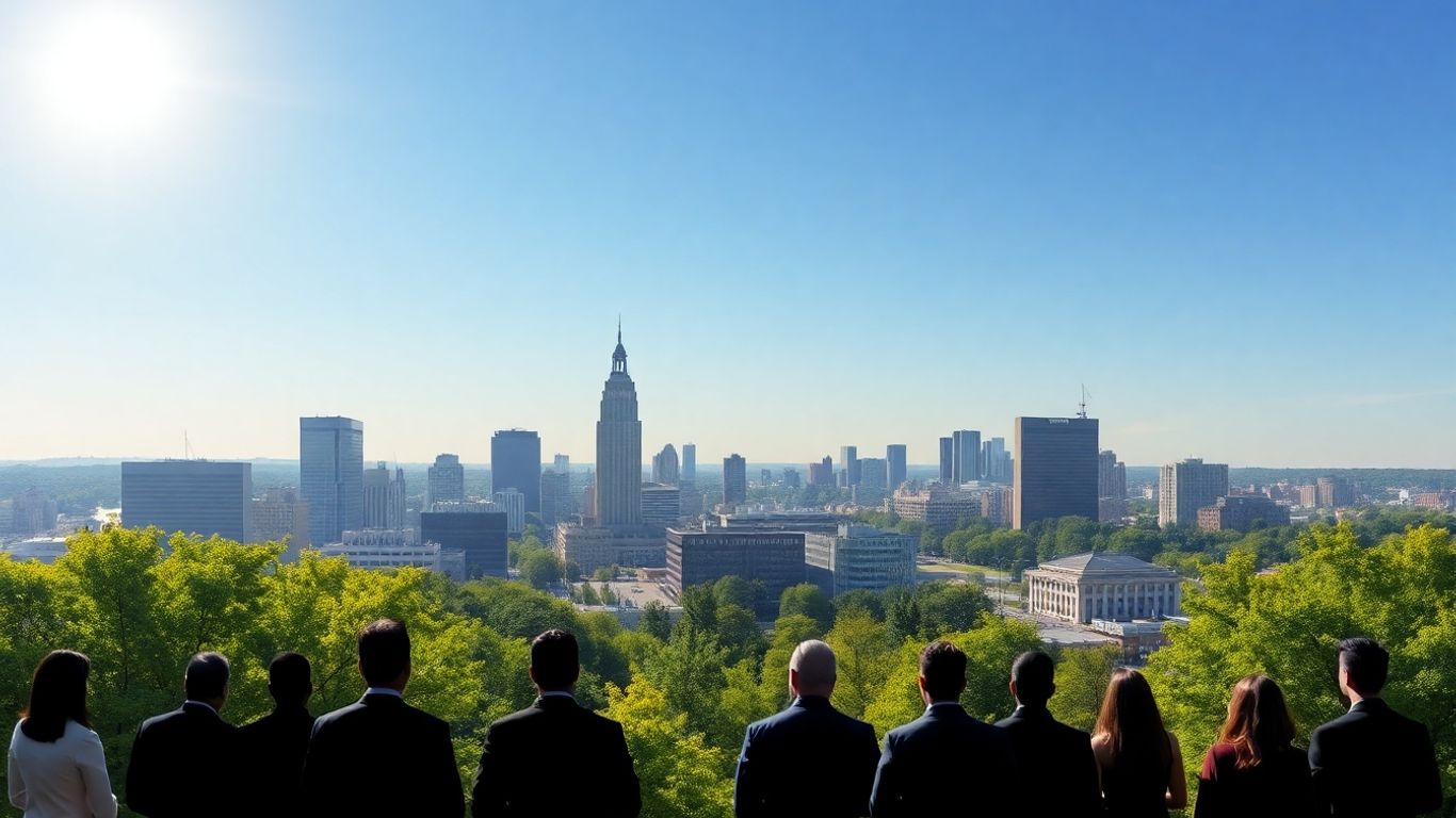 Columbia, SC cityscape with business professionals and green trees.