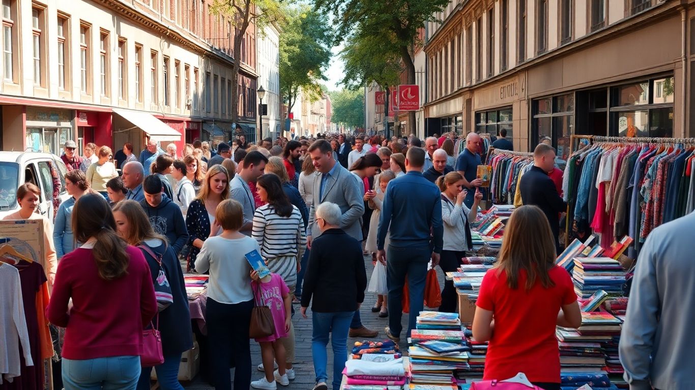 Vide-greniers animé à Bruxelles avec des gens et des objets.