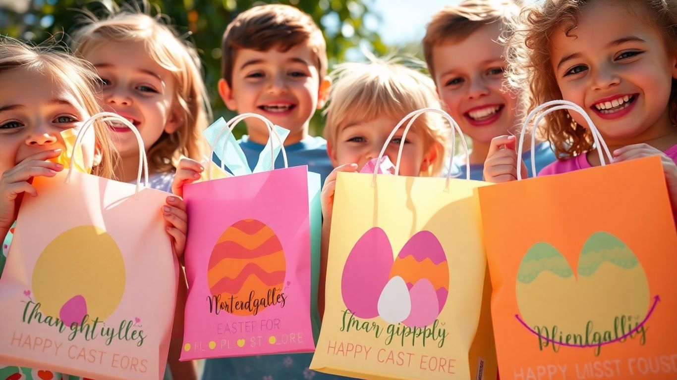 Children holding personalized Easter gift bags with egg designs.