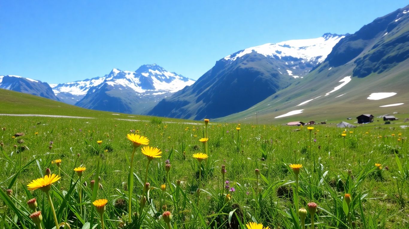 Frühlingsblumen auf einer Schweizer Alpenwiese mit Berggipfeln.