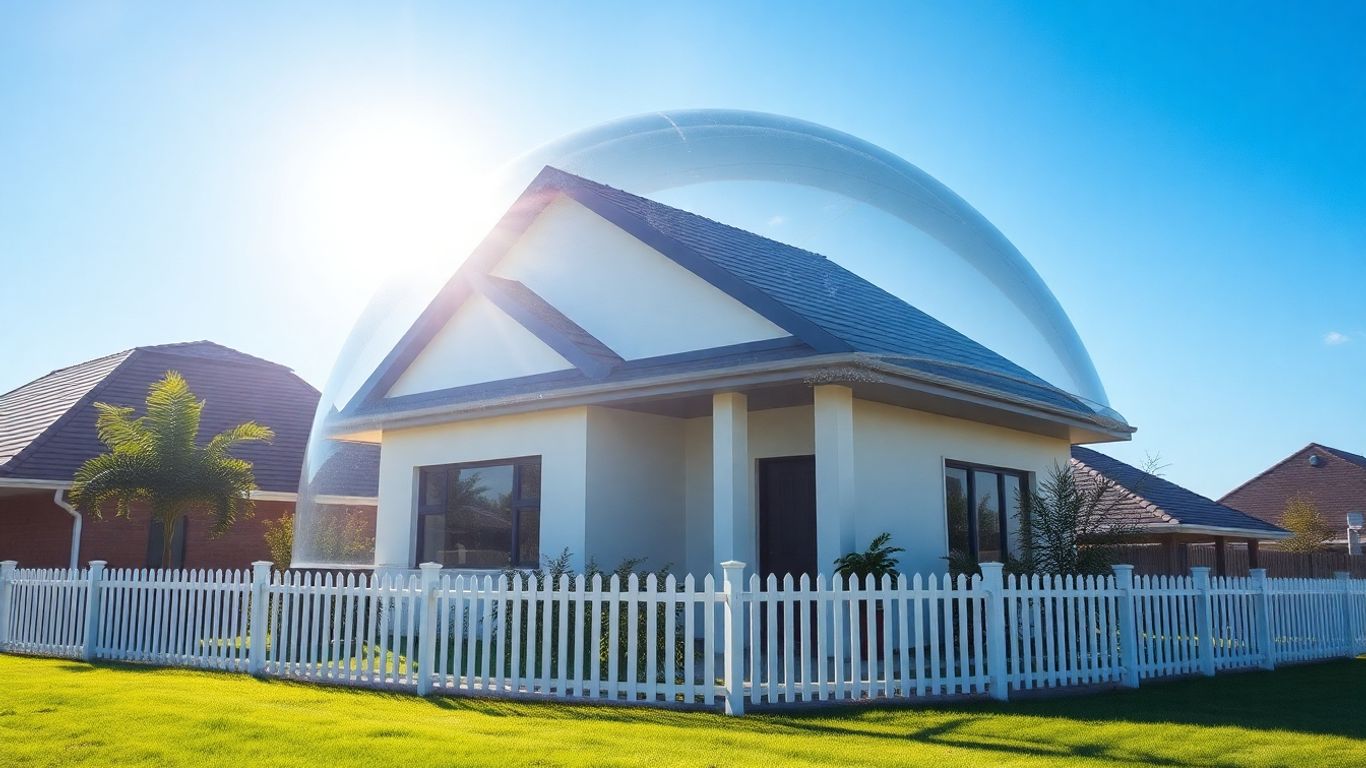 Casa bajo cúpula protectora en entorno seguro y soleado.