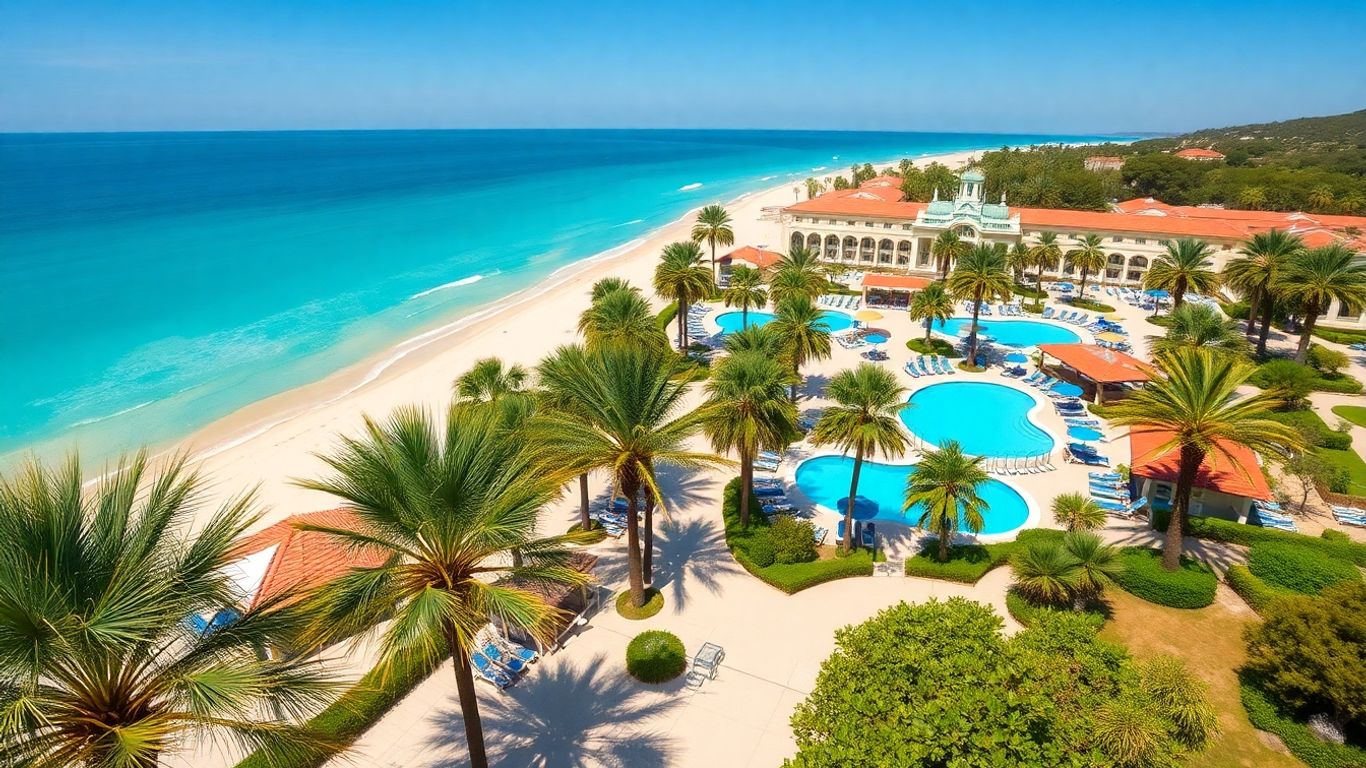 Affordable European beach resort with turquoise water and palm trees.