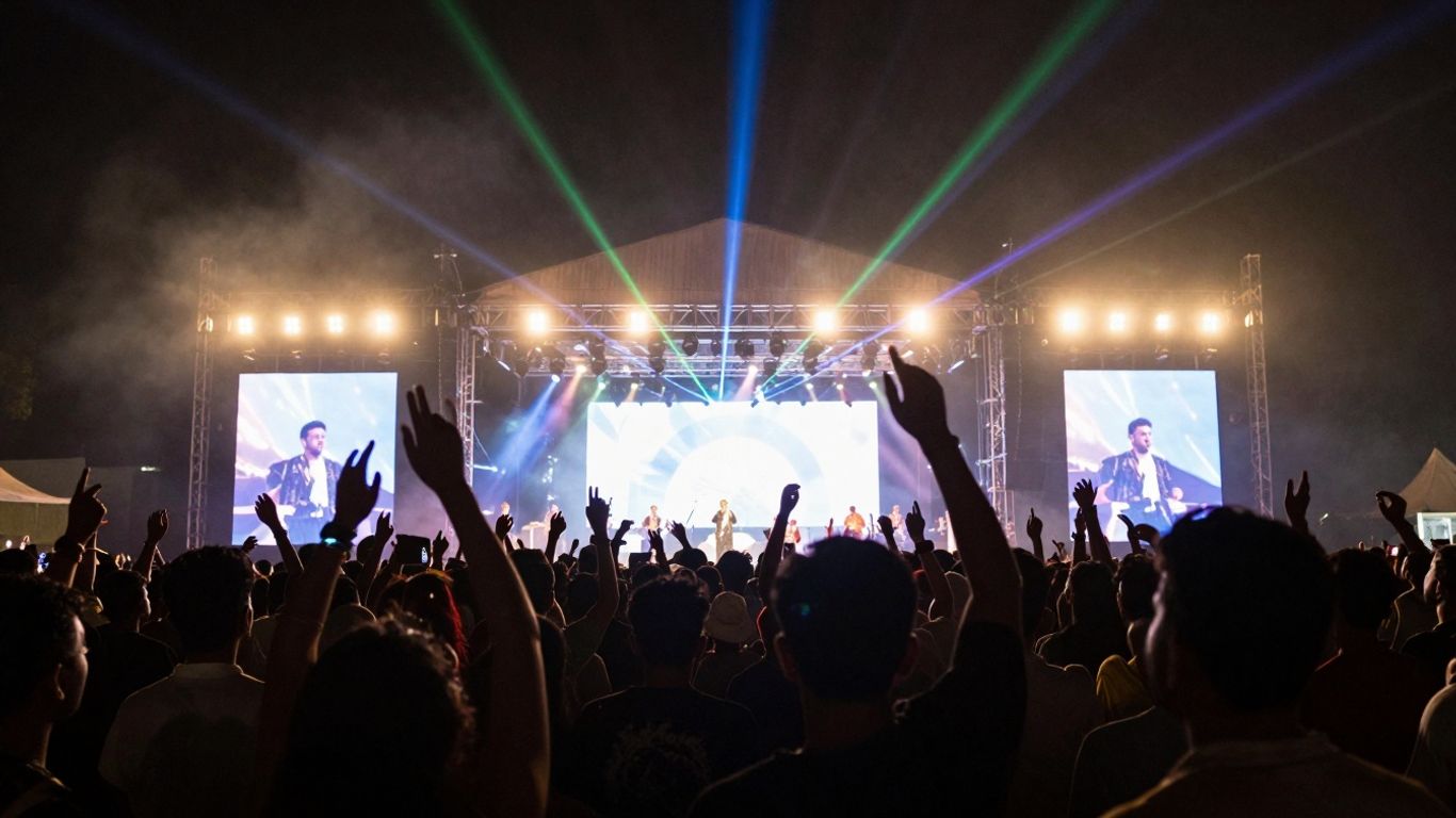 Mensen genieten van een concert met felle podiumverlichting.