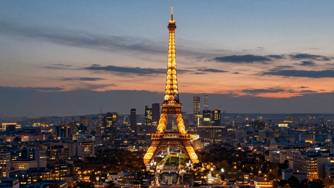 Paris skyline with illuminated Eiffel Tower and modern offices.