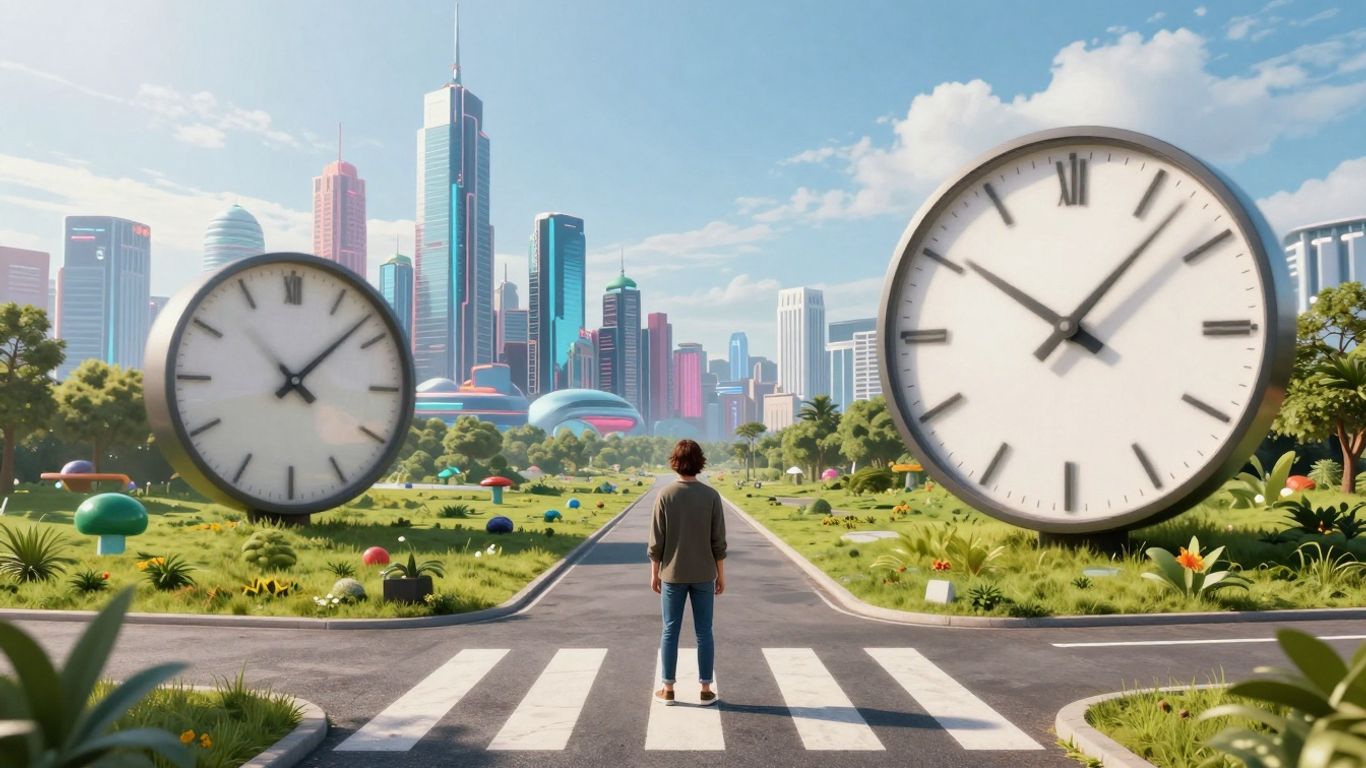 Person at crossroads with spinning clock hands.