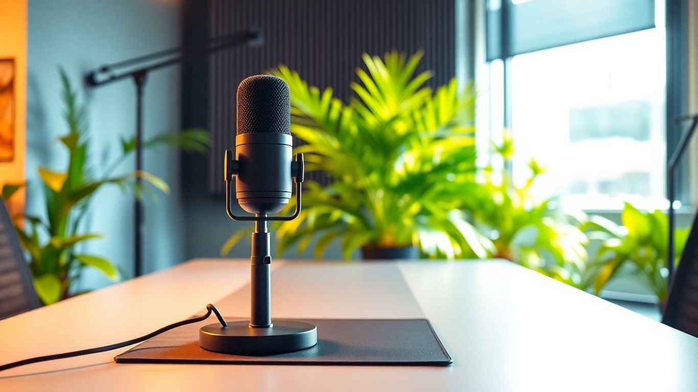 Podcast microphone in a studio with plants.