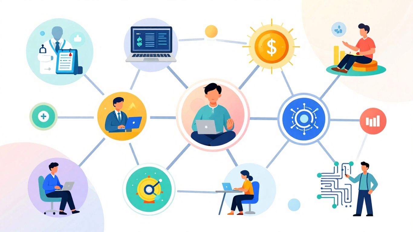 Infographic showing various AI applications in different industries.