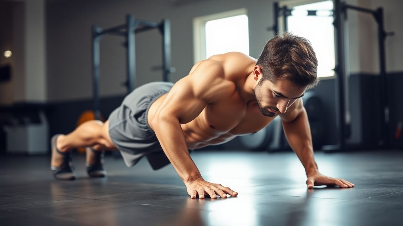 Beginner doing a plank hold in a gym.