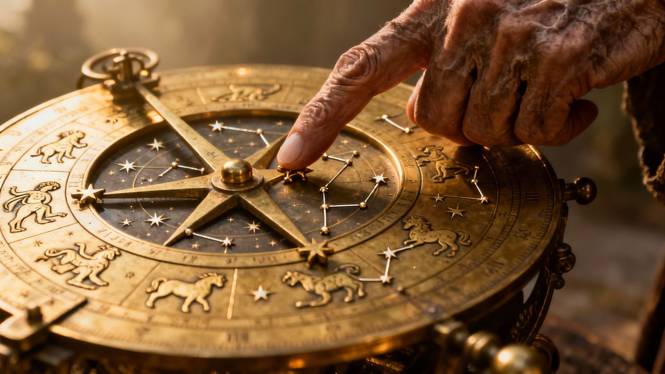 Astrolabe with celestial patterns and a pointing hand.