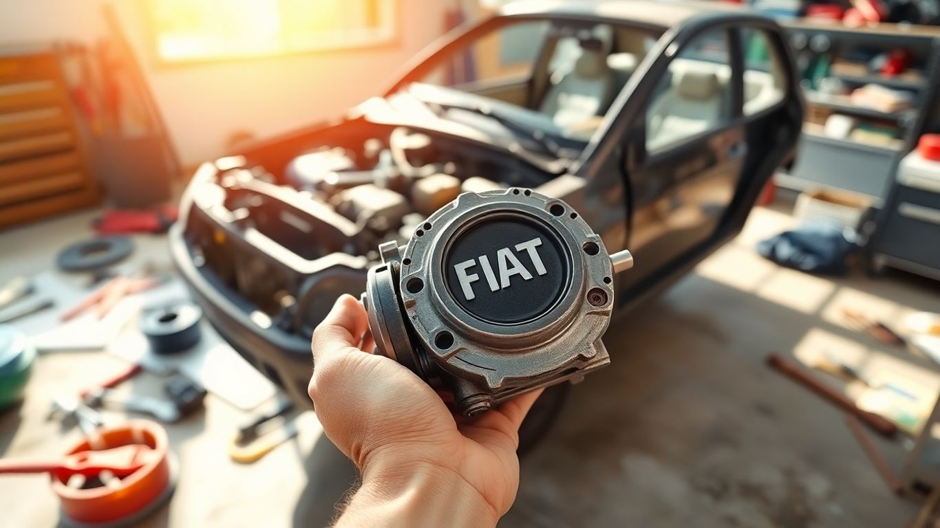 Mechanic holding a salvaged Fiat car part.