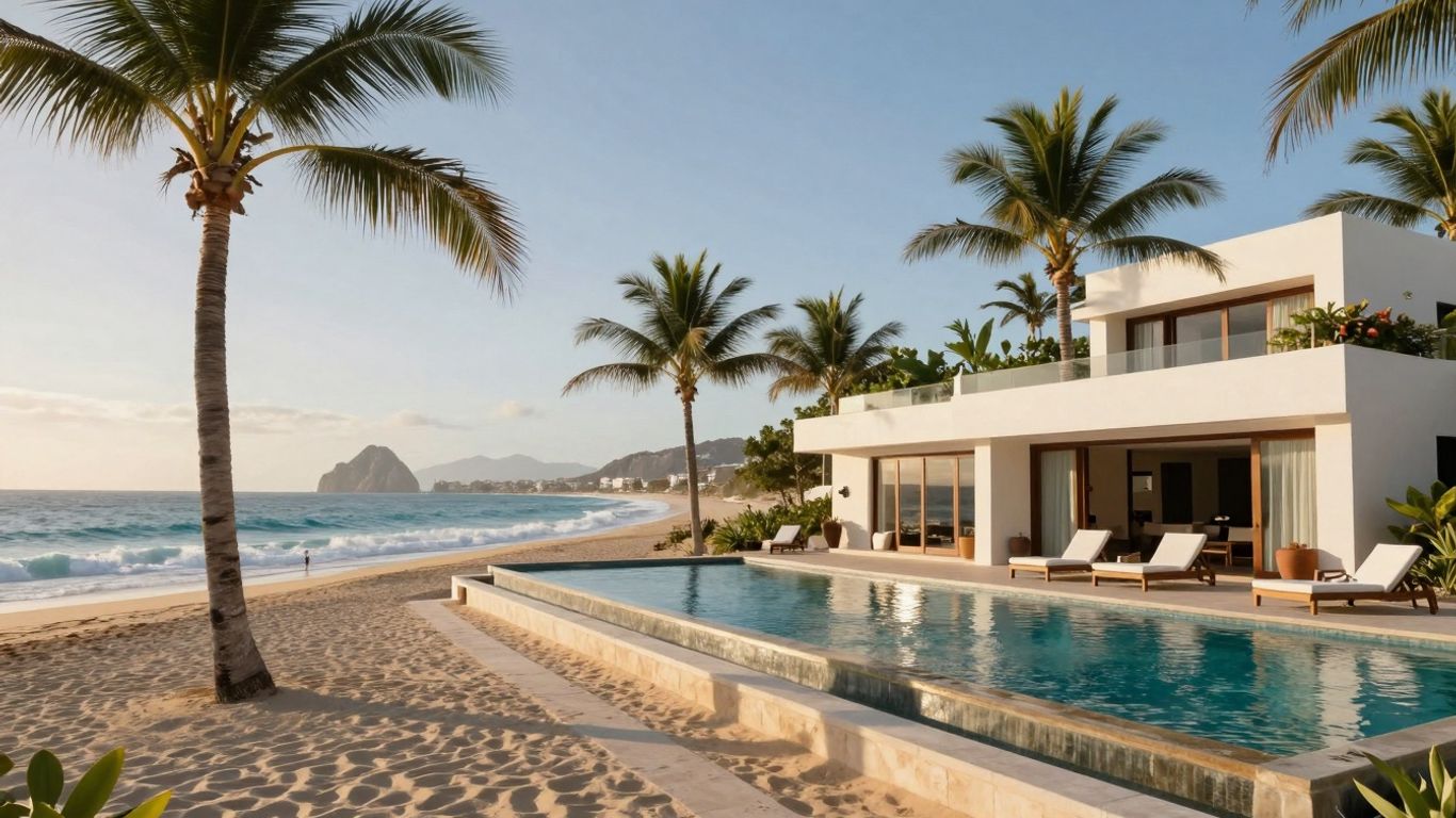 Cabo beachfront villa with ocean view and palm trees.