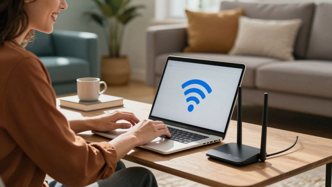 Pessoa feliz usando laptop com Wi-Fi rápido em casa.