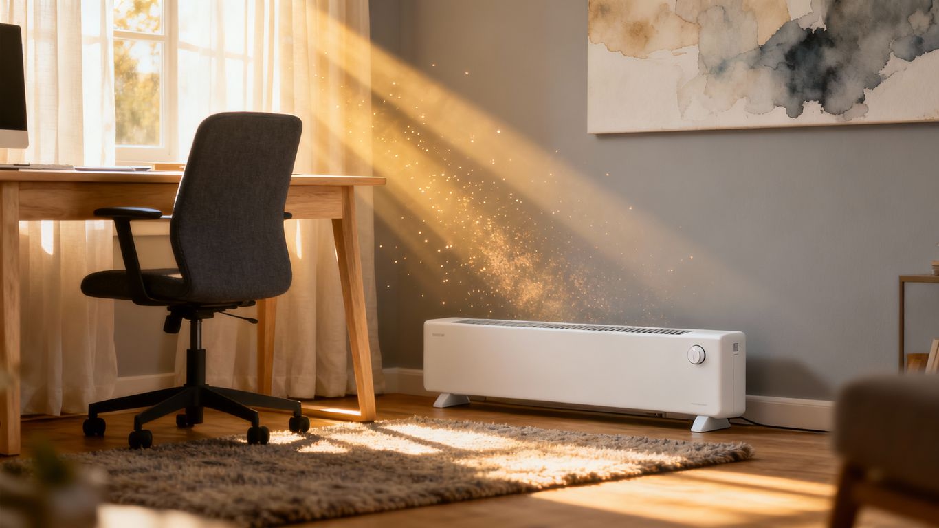 Cozy home office with a modern electric heater.