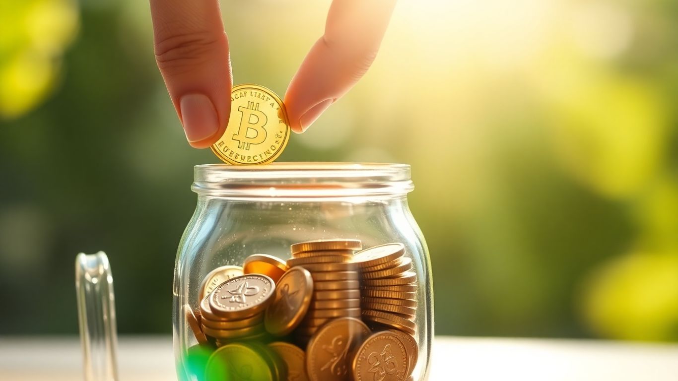 Hand placing coin into jar, symbolizing investment growth.