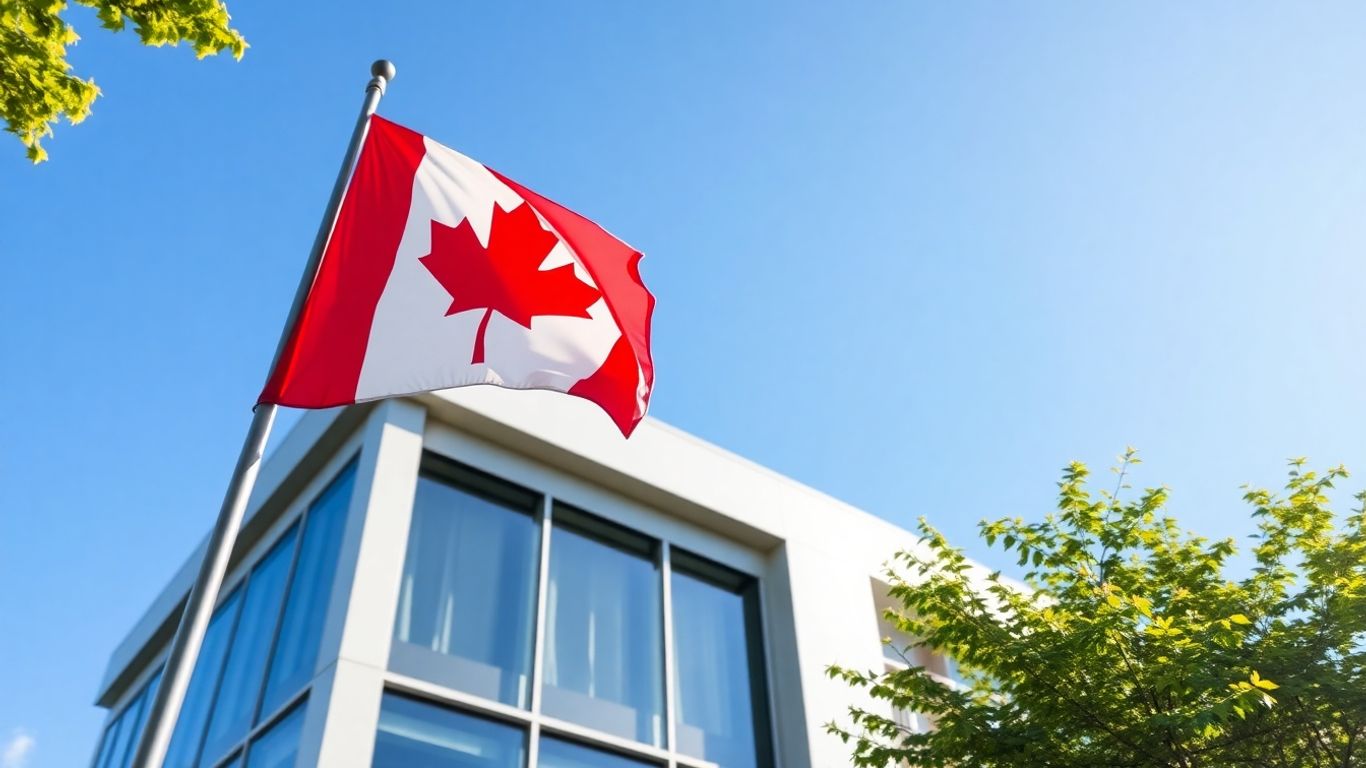 Canadian flag and modern bank building under a blue sky.