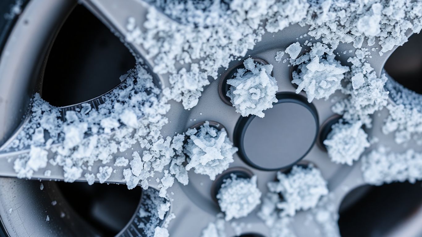 Frozen car wheel hub with frost and ice.