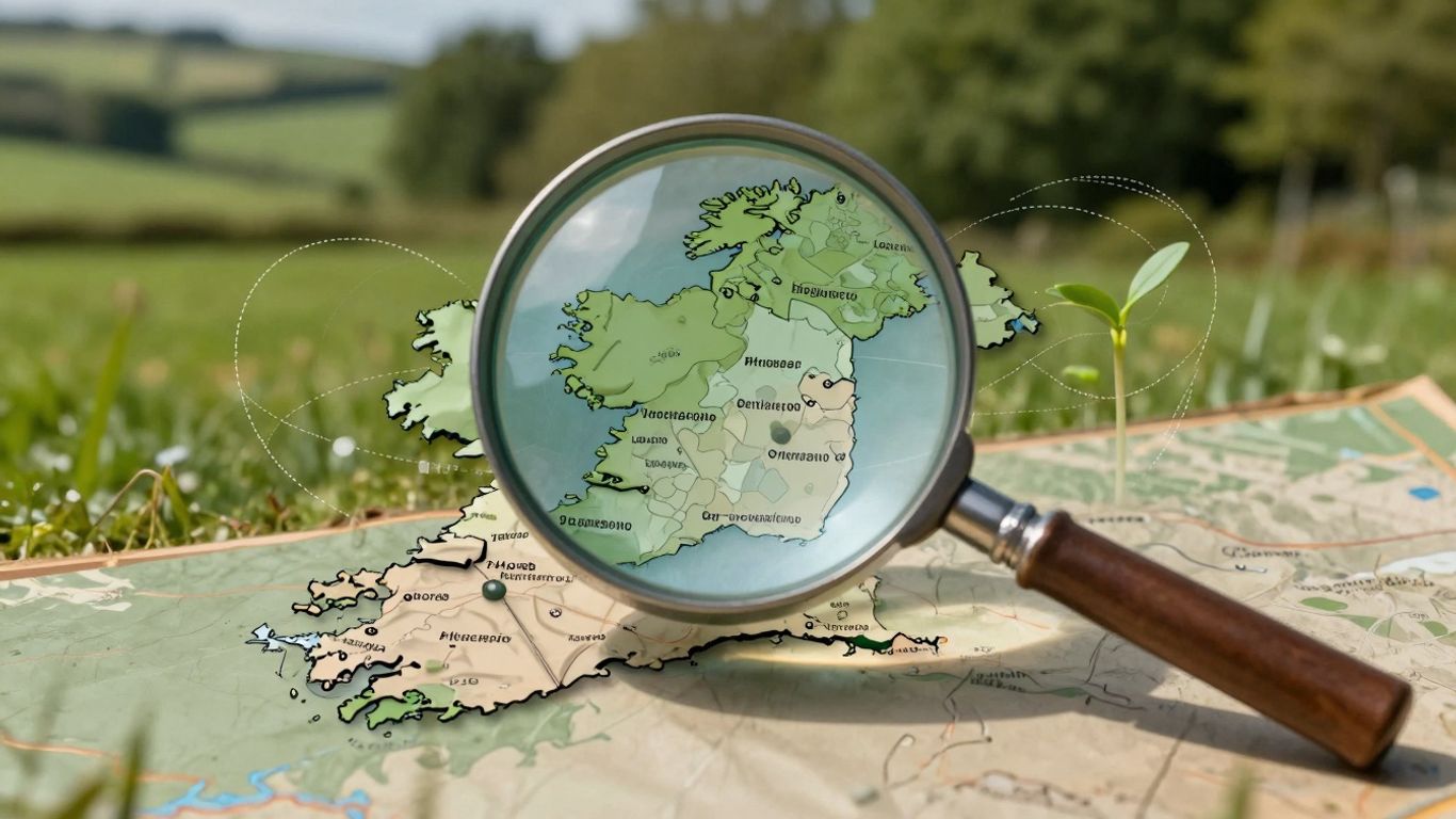 Irish map with magnifying glass and digital growth elements.