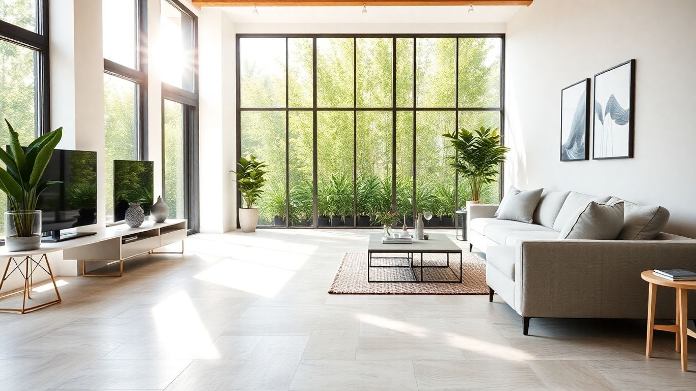 Modern home interior with limestone porcelain tile floor.