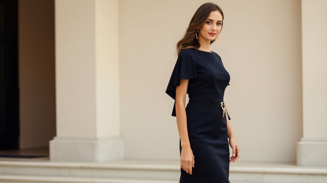 Elegantes formelles Midikleid mit Ärmeln für Damen.
